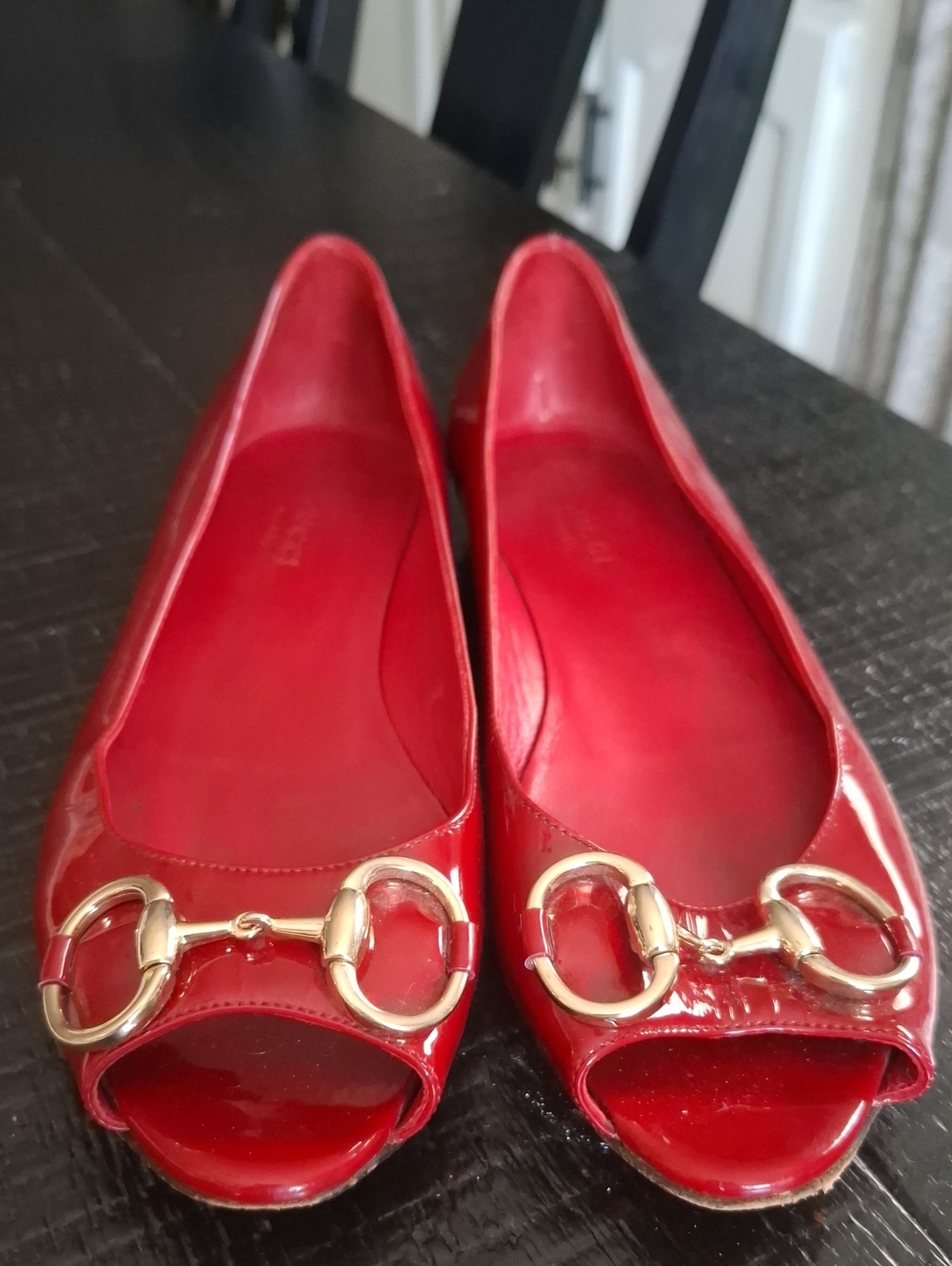GUCCI Gold Horsebit Accent Red Patent Peep-Toe Flats